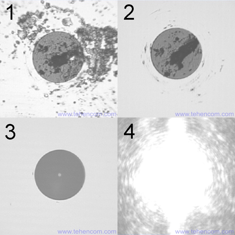Оптичні конектори в різному стані: 1 – брудний, 2 – подряпаний, 3 – новий, 4 – активне волокно.