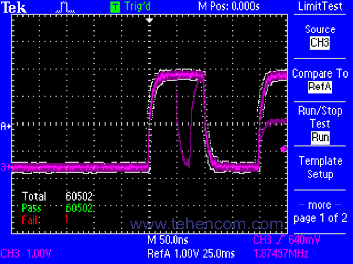 Пример экрана обычного осциллографа DSO при эмуляции эффекта цифрового фосфора