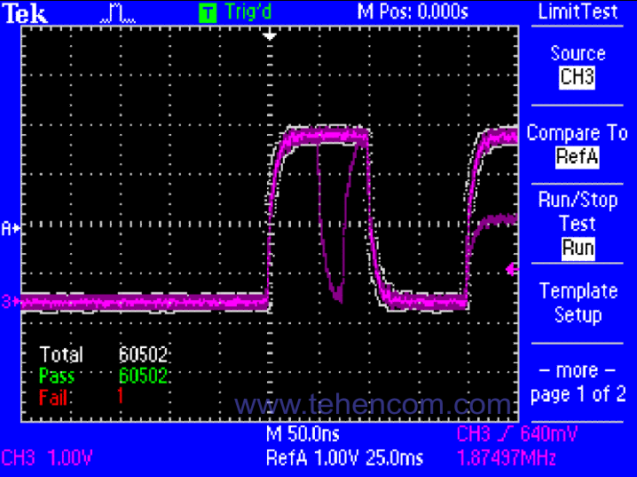 Sample screen of a conventional DSO oscilloscope when emulating the effect of digital phosphor