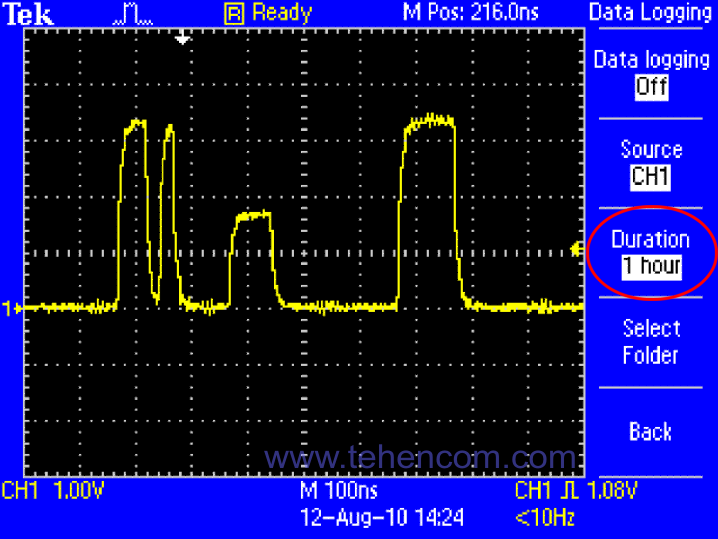 Пример экрана осциллографа DSO при длительном поиске аномалий сигнала
