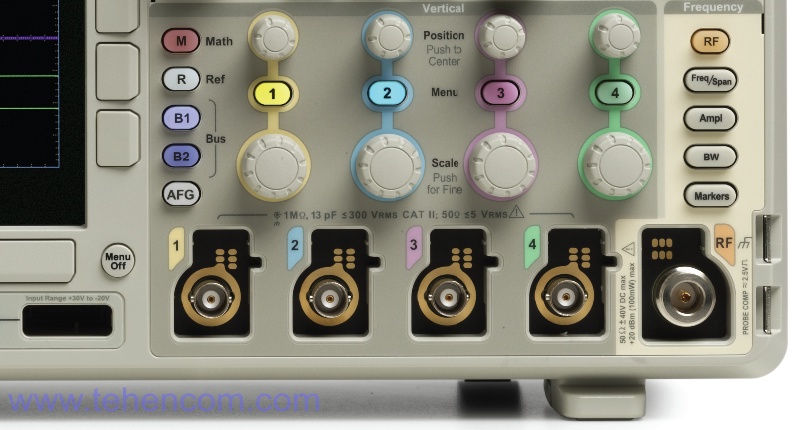 The four main channels of the Tektronix MDO3000 oscilloscope plus a fifth RF channel for spectrum analysis (rightmost of the five in the figure)