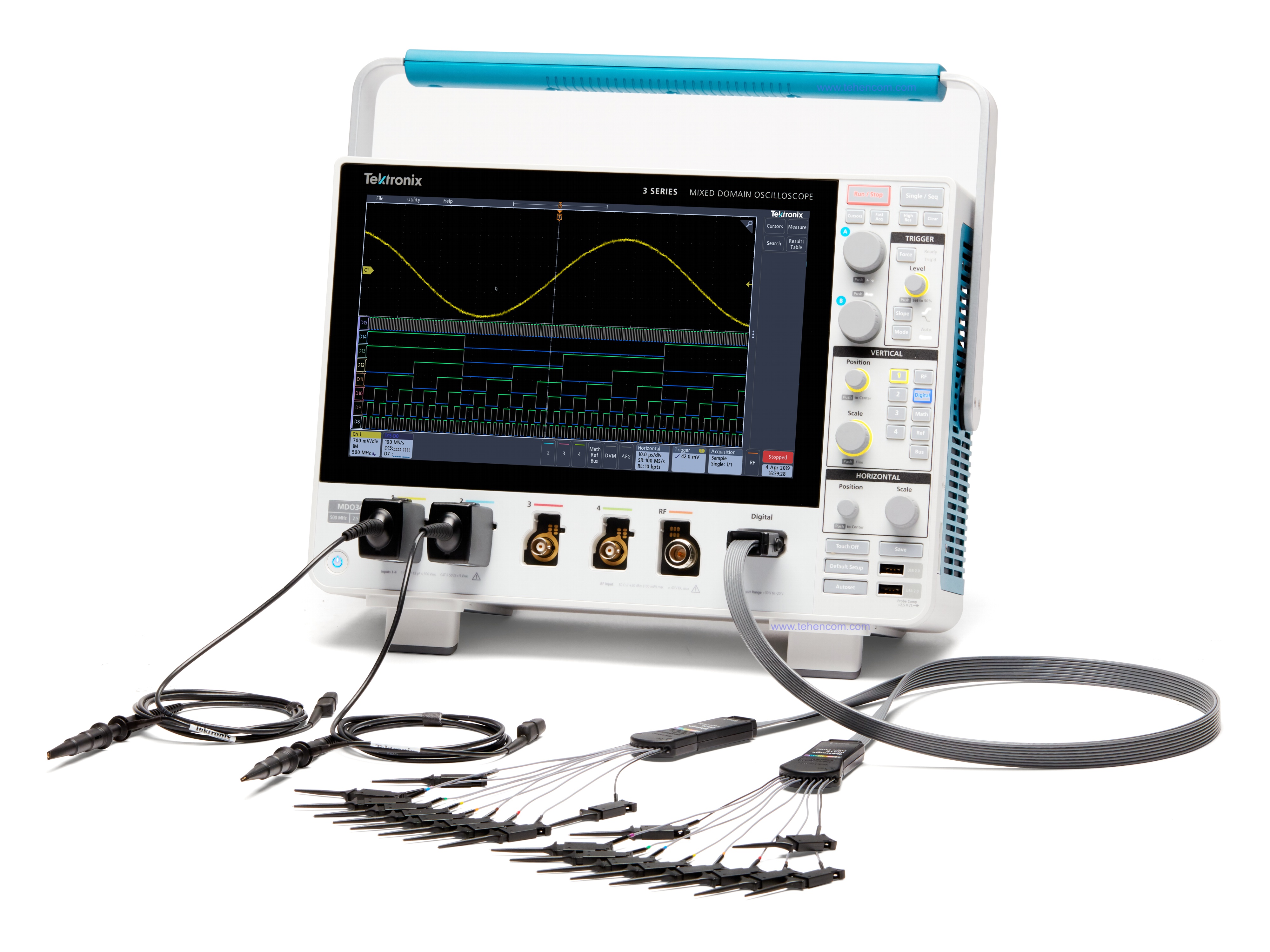 Tektronix MDO34 oscilloscope with P6316 16-channel probe of the built-in logic analyzer