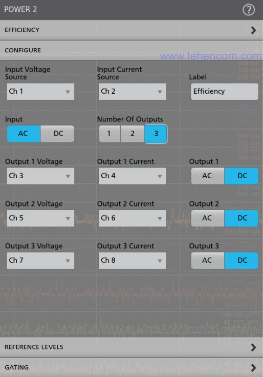 Tektronix MSO58 oscilloscope configuration window before starting efficiency measurements