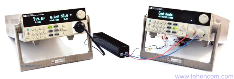 Перевірка роботи пристрою живлення світлодіодів LED Driver (в центрі), прилад IT7321 (ліворуч) імітує мережу живлення, а IT8912E (праворуч) імітує навантаження