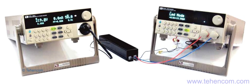 Checking the operation of the LED Driver (center), the IT7321 (left) simulates the mains, and the IT8912E (right) simulates the load