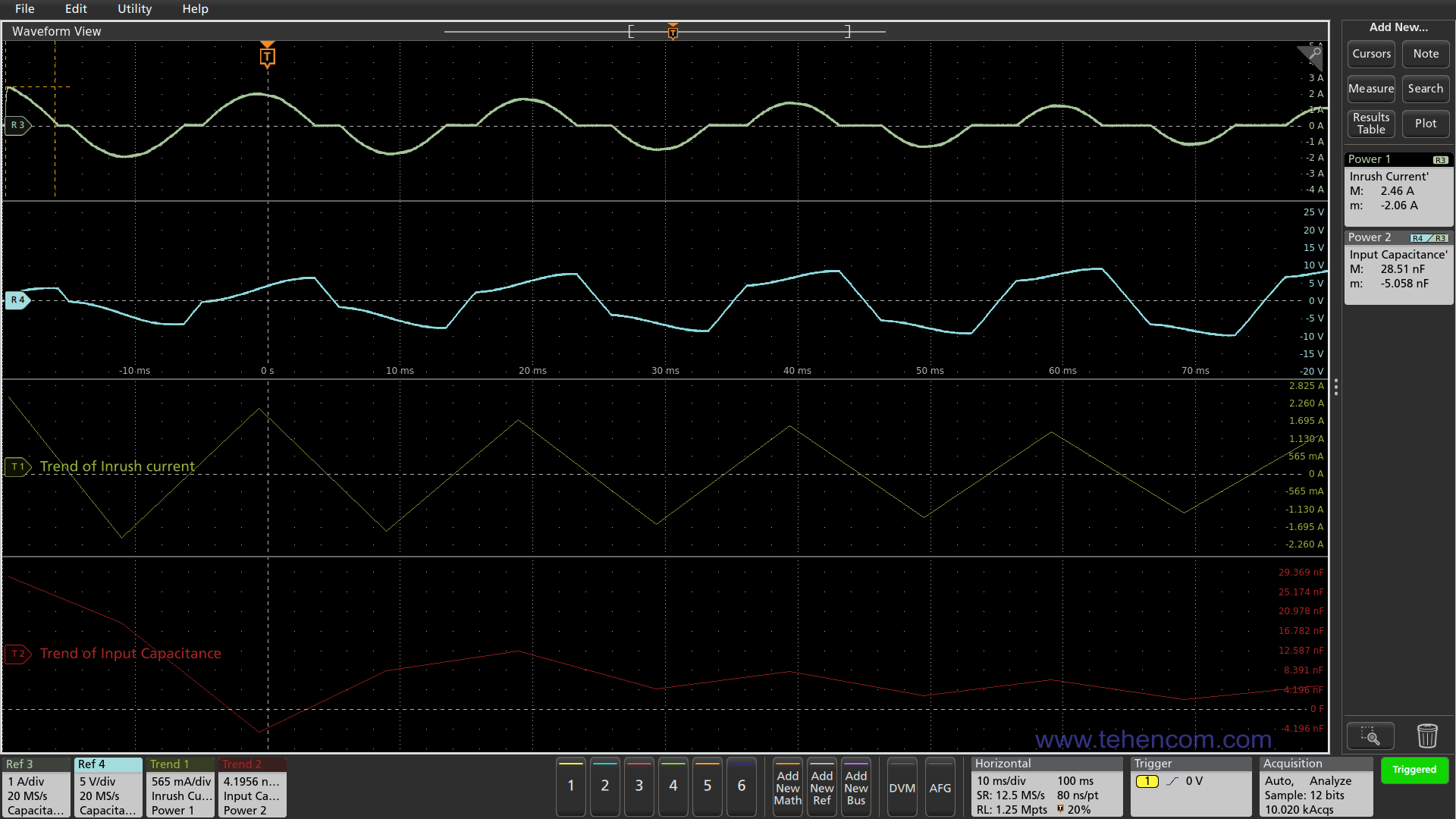 Automatic measurement with the Tektronix MSO58 oscilloscope of the starting current and input capacitance of the power source under test