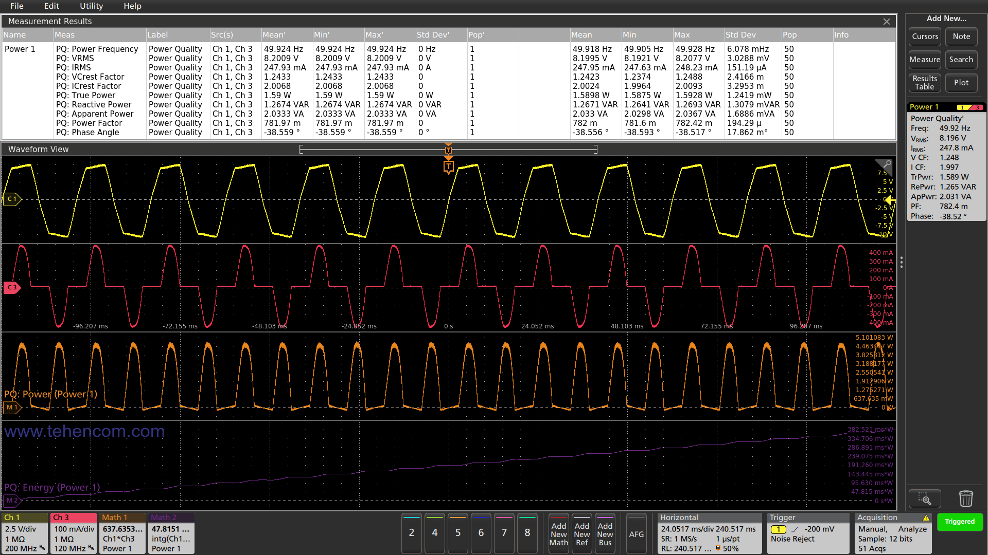 Automatic measurement with the Tektronix MSO58 oscilloscope of the main parameters of the power source under test at the point of its connection to the AC mains