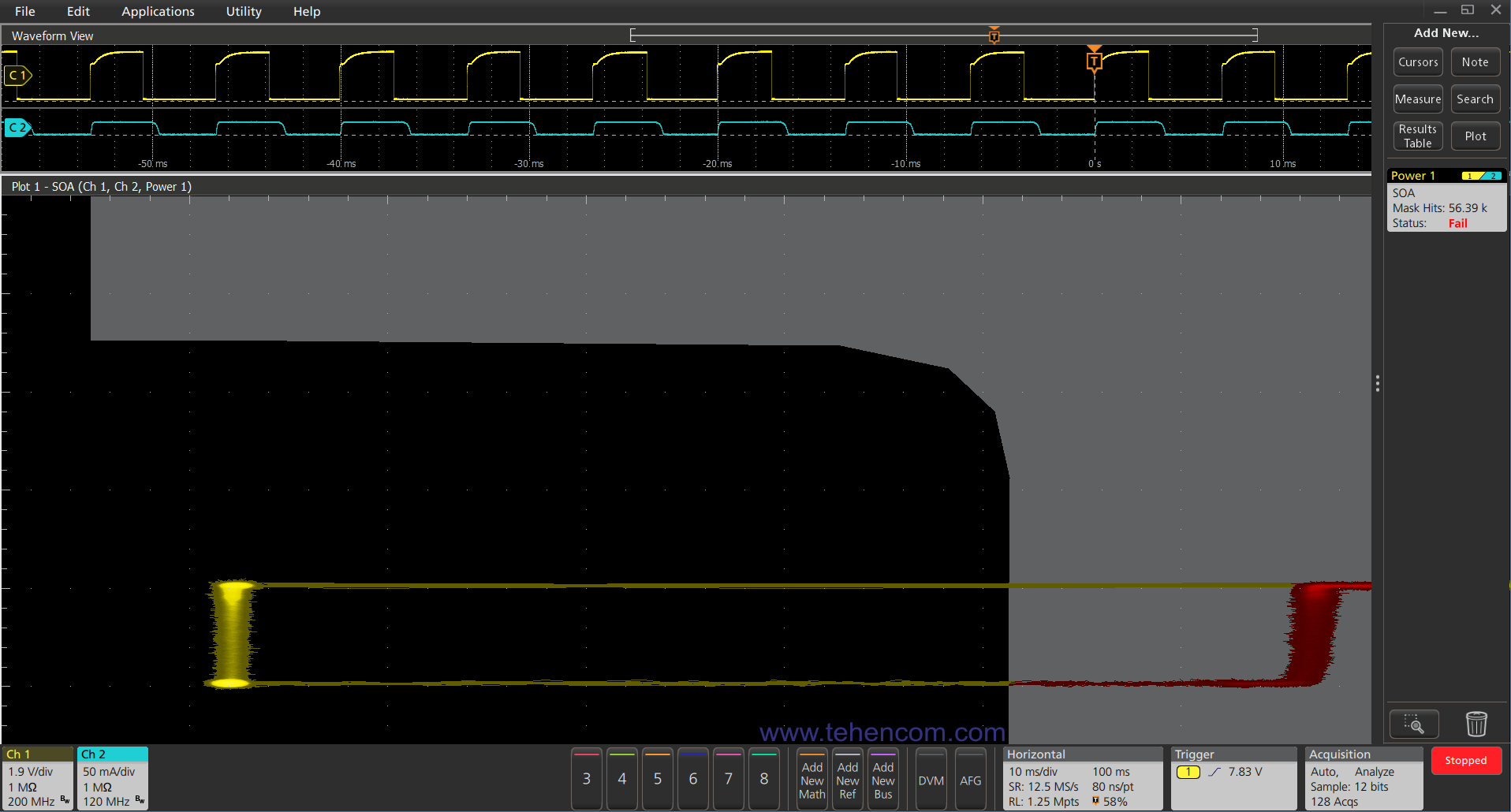 Automatic check using the Tektronix MSO58 oscilloscope of the area of  safe operation of the transistor switch of the power source under test