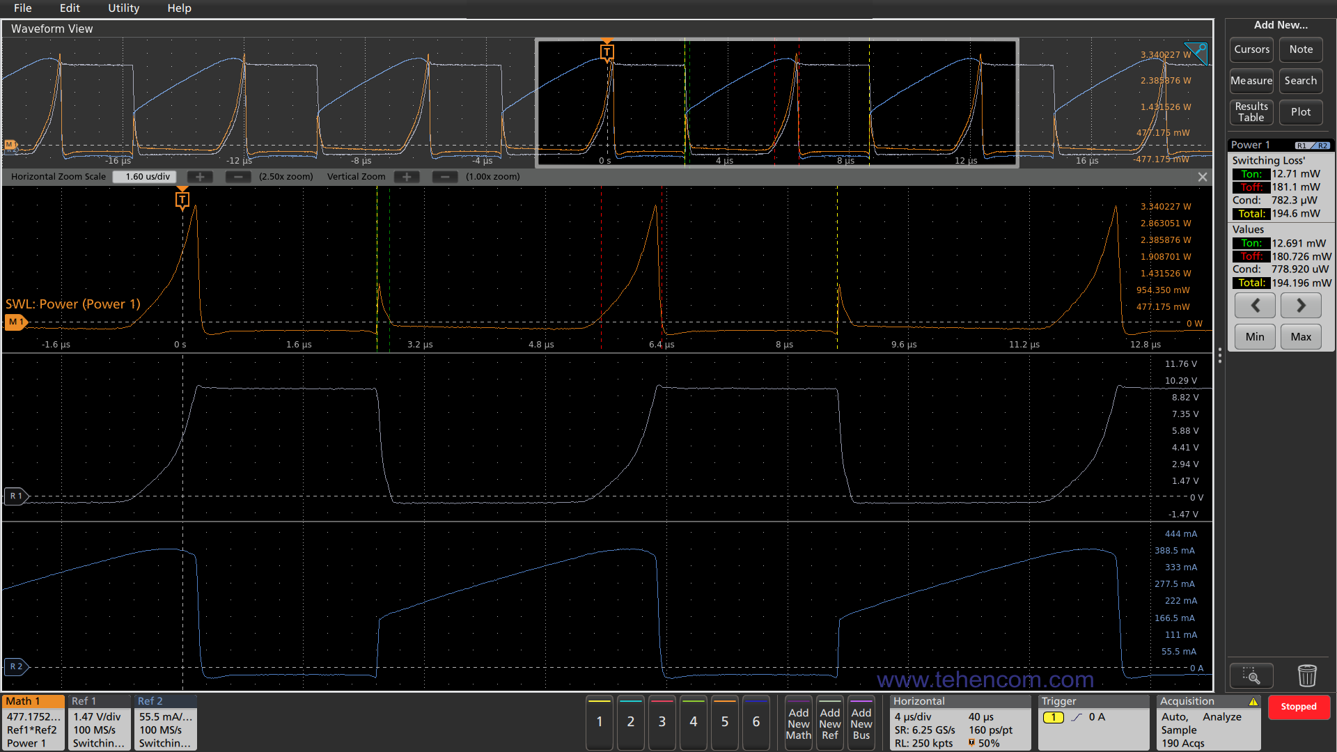 Автоматичний вимір за допомогою осцилографа Tektronix MSO58 втрат перемикання транзисторного ключа джерела живлення, що досліджується