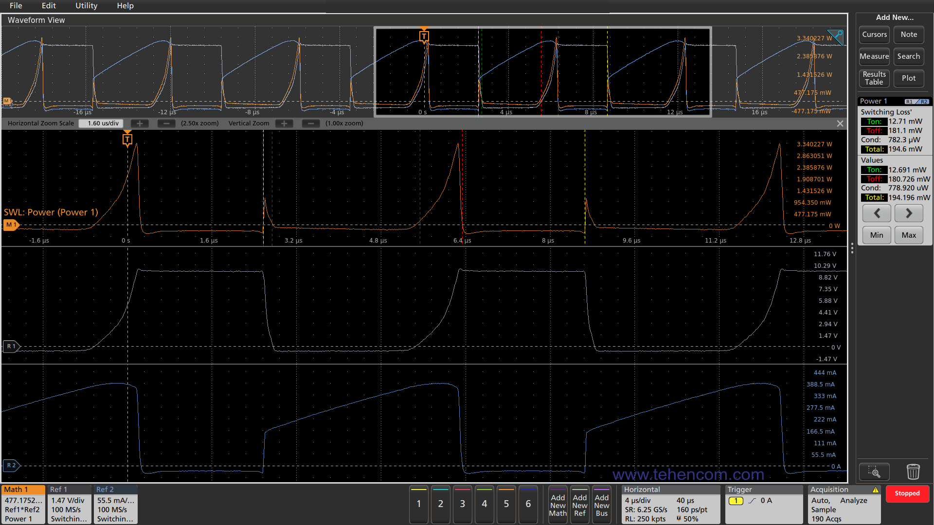 Automatic measurement with a Tektronix MSO58 oscilloscope of switching losses of a transistor switch of a power supply under test