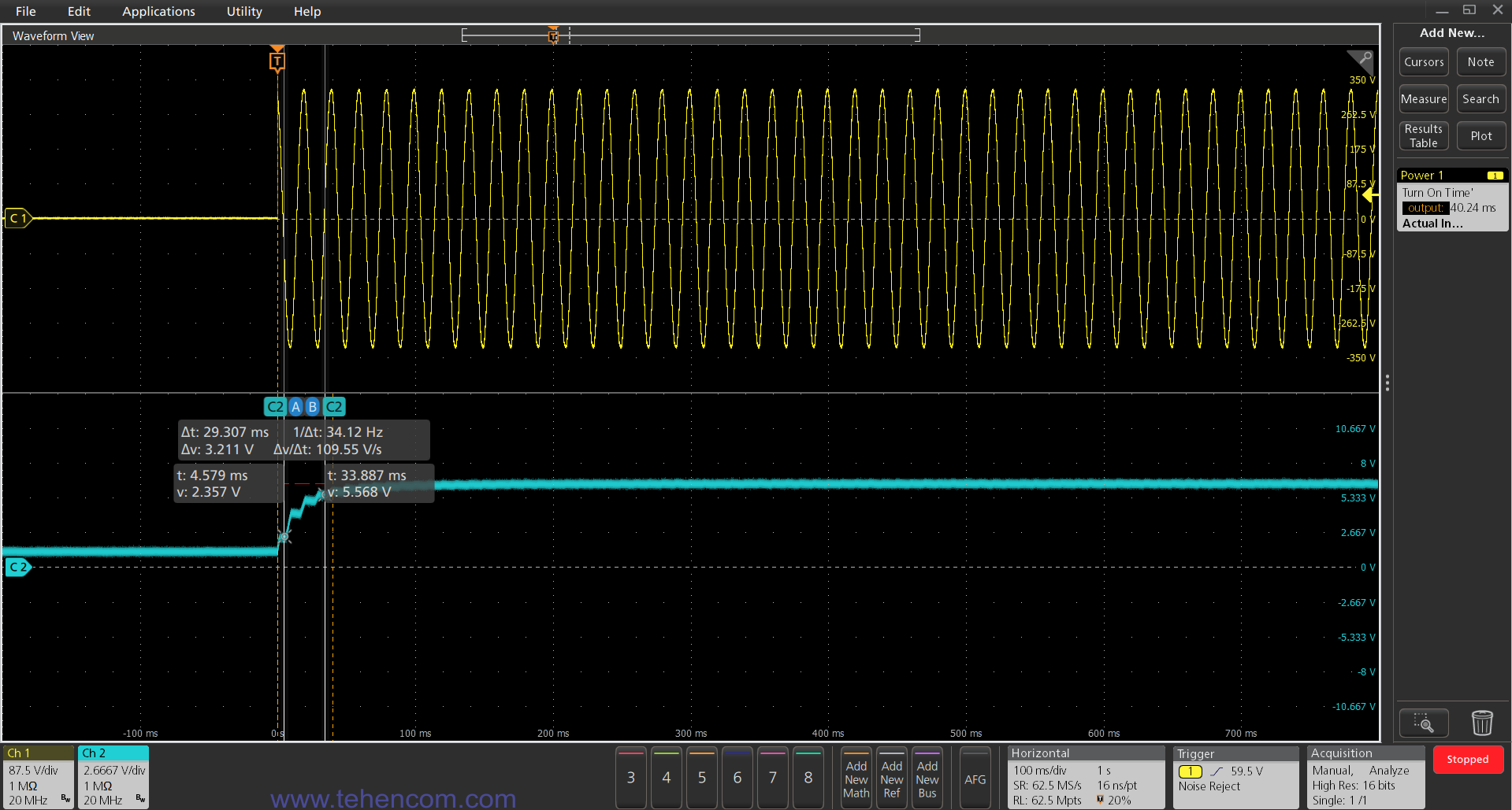 Автоматичний вимір за допомогою осцилографа Tektronix MSO58 часу включення джерела живлення