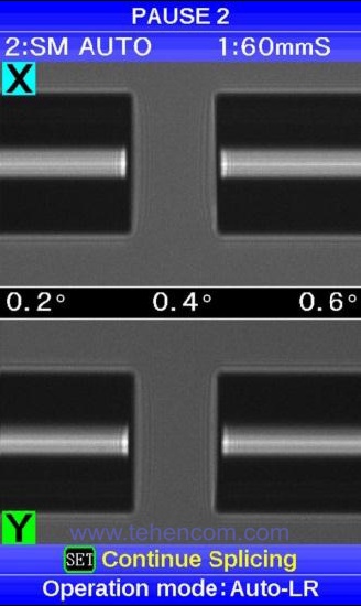 Screenshot of Fujikura 80S welding machine. At the top of the screen is an image of the left and right fibers obtained by the X-camera, and at the bottom of the screen is an image of the same fibers in a perpendicular projection obtained by the Y-camera. The result of the operation of the optical fiber recognition system of the fiber optic splicer