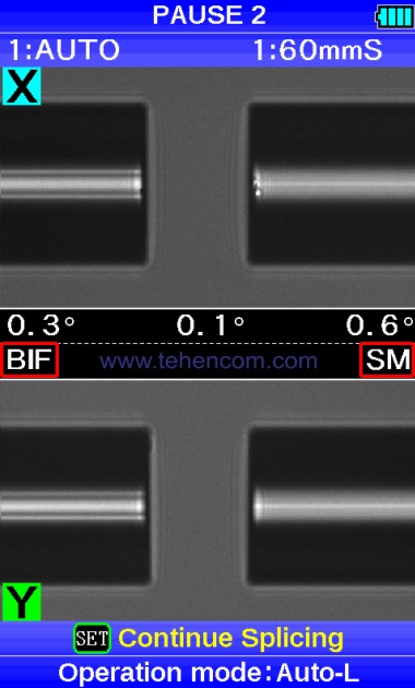 This photo shows the screen of a Fujikura 80S fusion splicer, in which two different fibers are installed: on the left, bend-insensitive (G.657), and on the right, a conventional single-mode. As you can see, the images of the fibers are different (there are horizontal stripes on the left fiber) and the device correctly determined their types (BIF and SM) from the details of these images. Each type of optical fiber has a unique brightness profile, analyzing which the splicer selects the optimal splicing program.