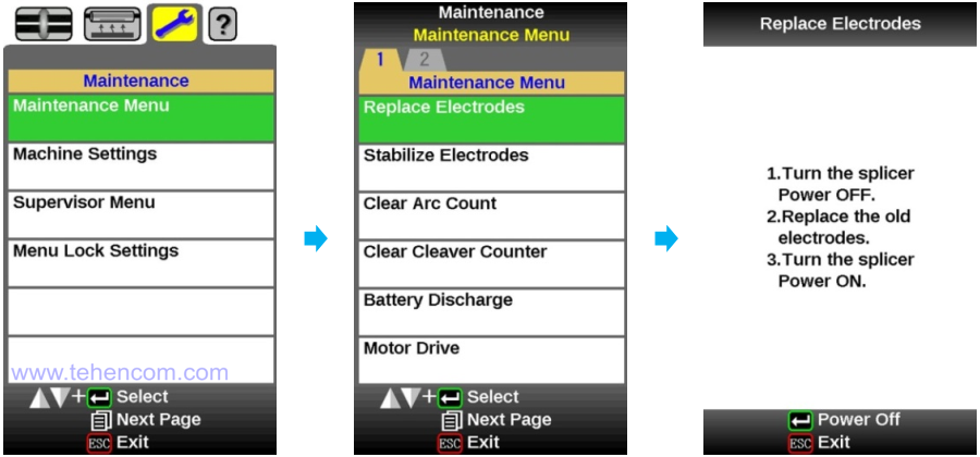 Before replacing the electrodes, you must select the appropriate item in the menu of the Fujikura device.