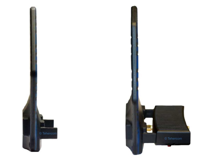 This photo shows the appearance of the passive and active antennas of the Aaronia MDF series. Side view of the passive antenna (left) and active antenna (right) of the Aaronia MDF series