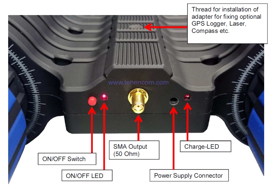 This photo shows the Aaronia MagnoTRACKER Active Antenna output connector, as well as the built-in preamp power button and battery charging socket. Output connector, preamp button and Aaronia MagnoTRACKER active antenna charging socket
