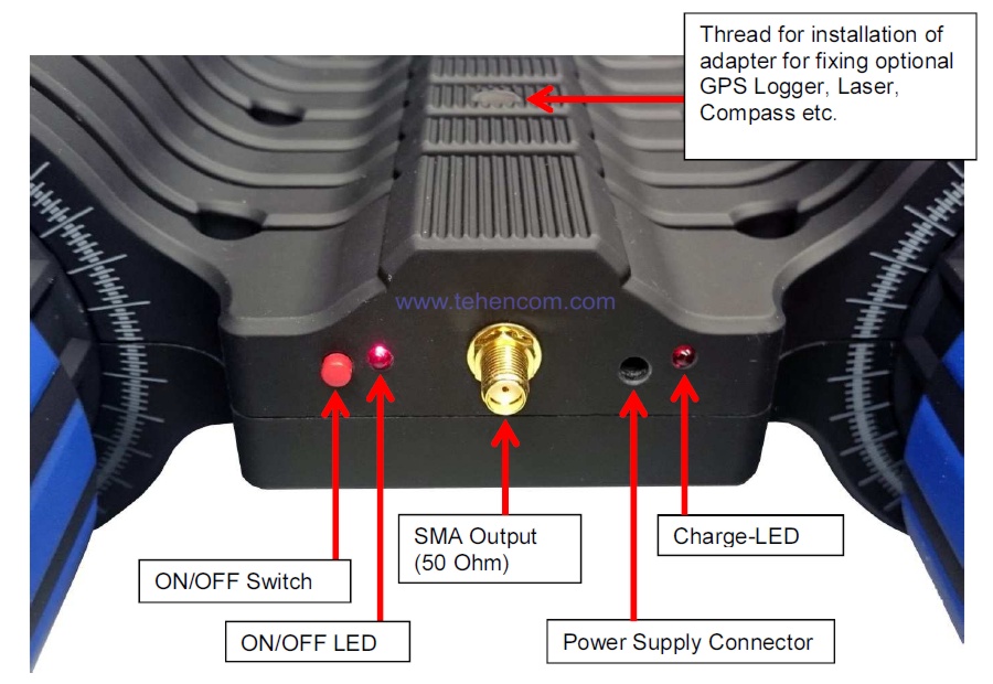 Output connector, preamp button and Aaronia MagnoTRACKER active antenna charging socket