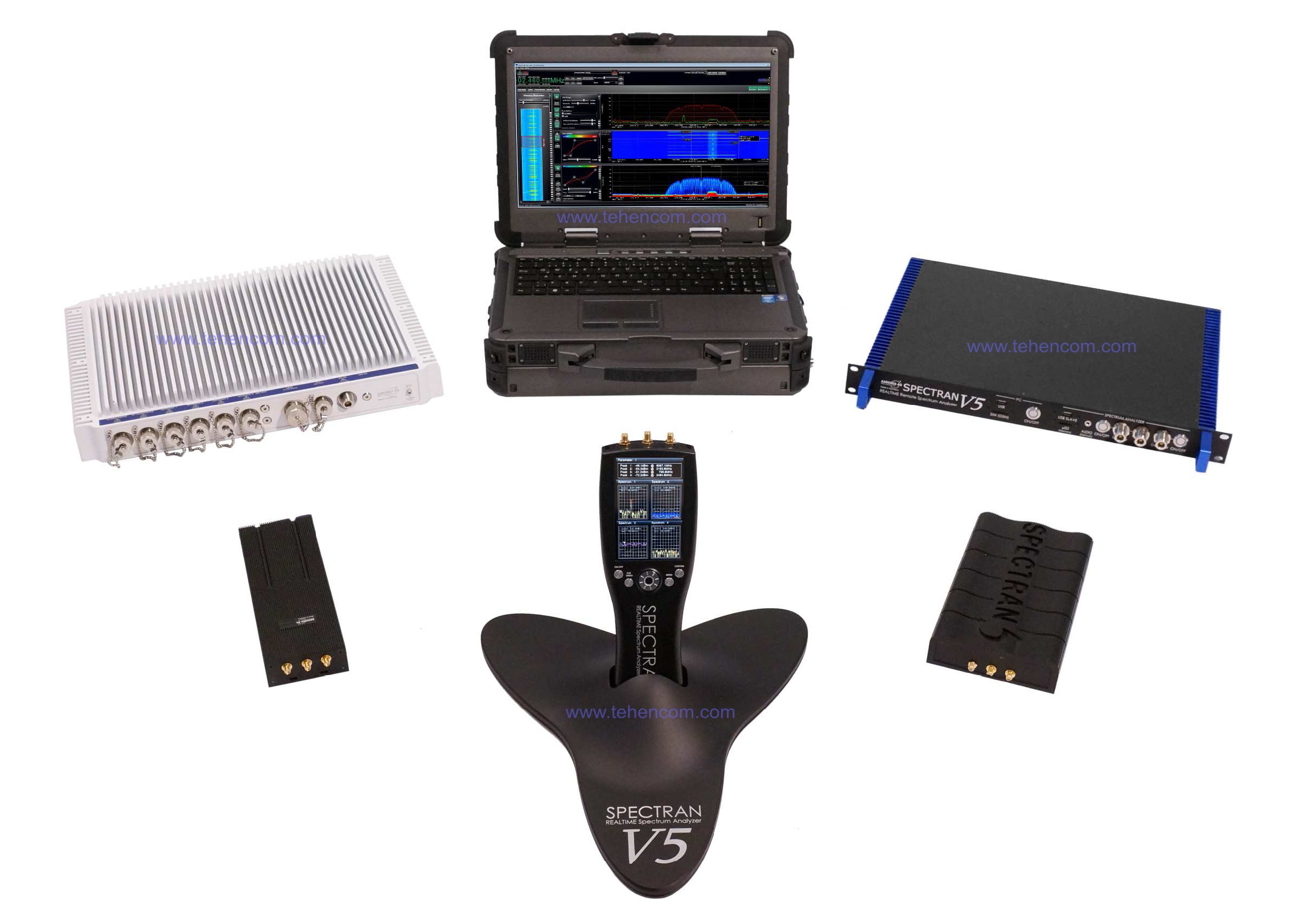 To suit each possible application, the Aaronia SPECTRAN V5 spectrum analyzers are available in six housing types: miniature handheld touch screen housing weighing 850 grams; enclosures), outdoor all-weather design (Remote Outdoorbox), for mounting in a 19-inch rack, as well as inside a rugged laptop for permanent work in open areas. Six housing types for different applications of Aaronia SPECTRAN V5 spectrum analyzers