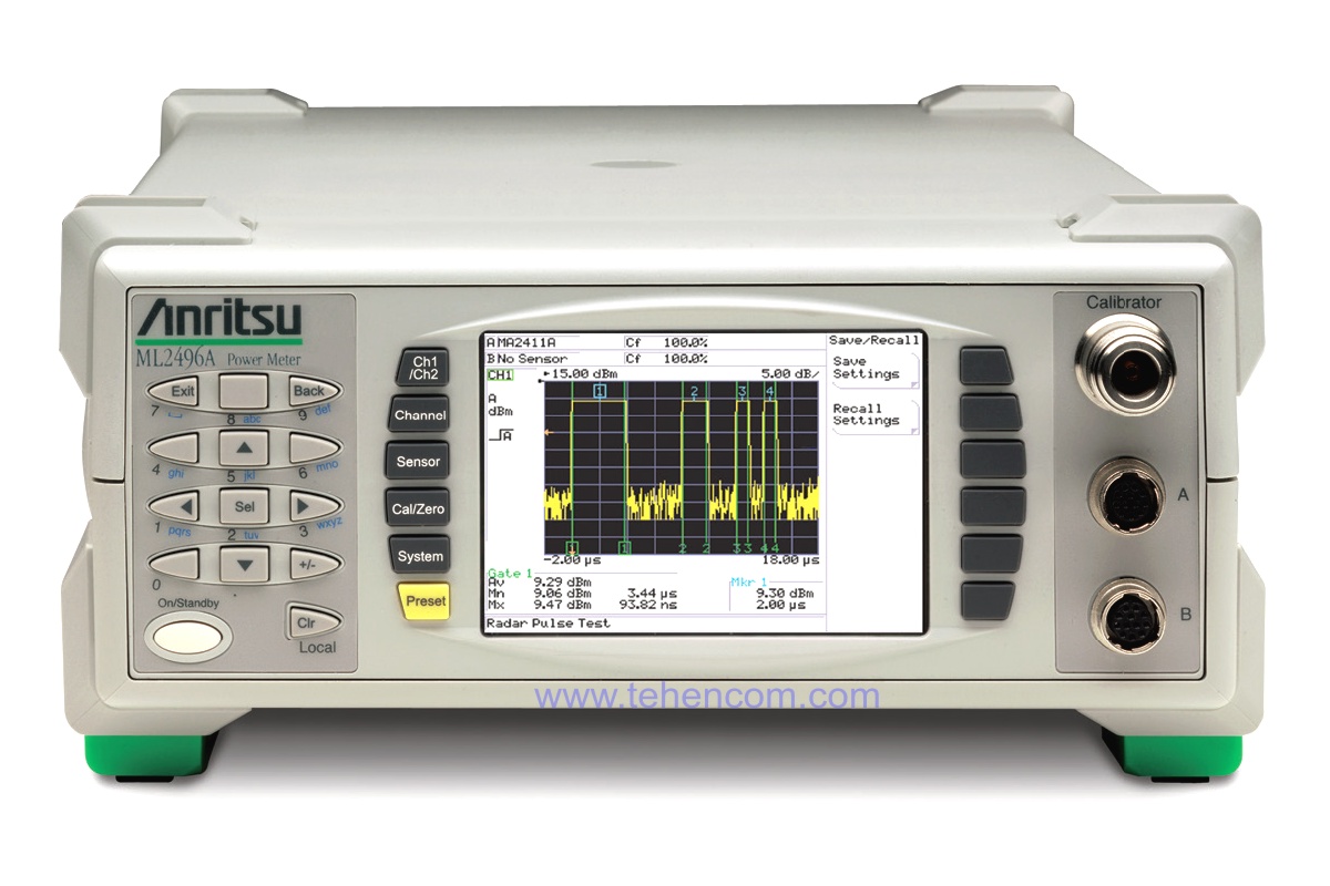 Anritsu ML2490A series pulse, modulated and stationary radio signal power meters. Models: Anritsu ML2495A (single channel) and Anritsu ML2496A (dual channel).