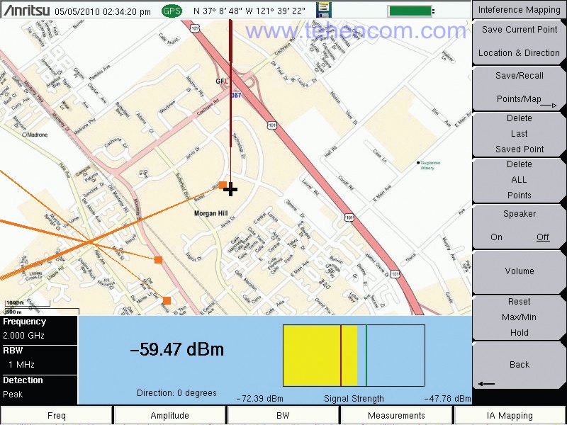 Screenshot of the Anritsu MS271xE series analyzer with identification of the radio signal source on the map (option 0025)