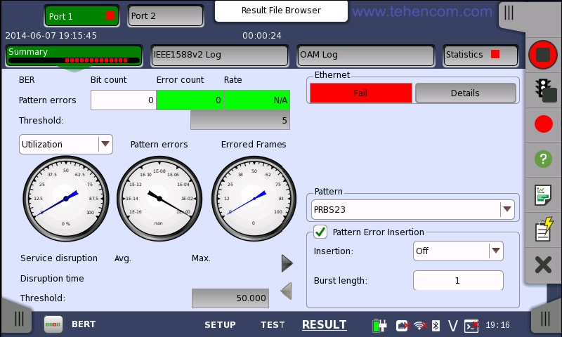 Sample screen of Anritsu MT1000A analyzer in BER test statistics view mode