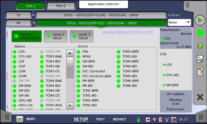 Приклад екрану аналізатора Anritsu MT1000A у режимі визначення джерел помилок та аварій мережі OTN відповідно до G.8201 та M.2401