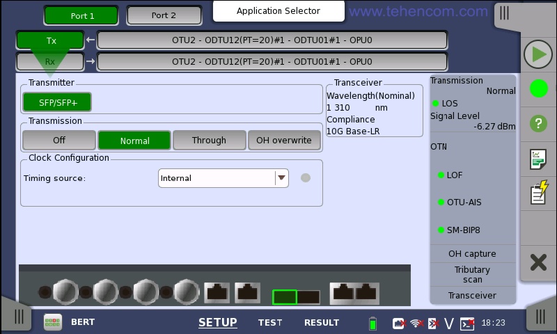 Пример экрана анализатора Anritsu MT1000A в режиме выбора параметров тестирования OTN