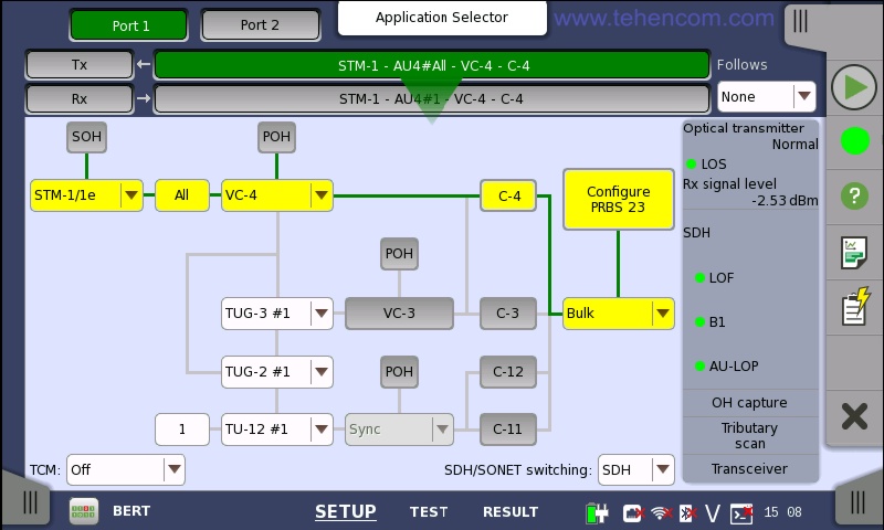 Anritsu MT1000A analyzer screen example in SDH frame parameter setting mode