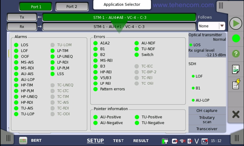 Sample screen of Anritsu MT1000A analyzer in SDH network errors and alarms view mode