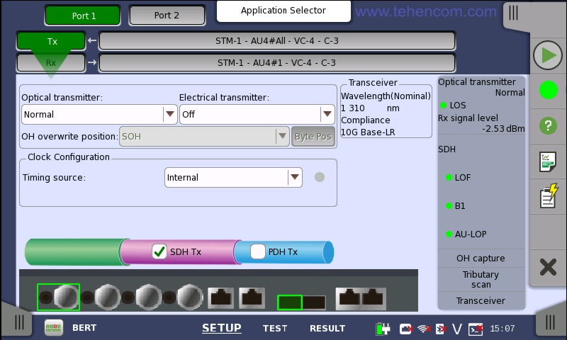 Пример экрана анализатора Anritsu MT1000A в режиме выбора параметров тестирования SDH