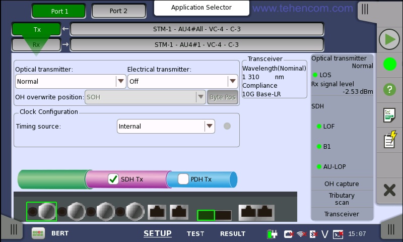 Anritsu MT1000A analyzer screen example in SDH test parameter selection mode