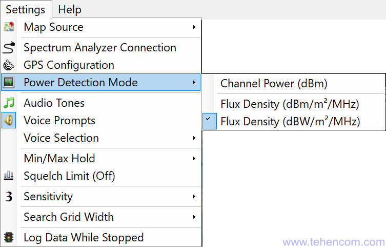 Меню програми MX280007A для вибору типу вимірюваної величини (Power Detection Mode)