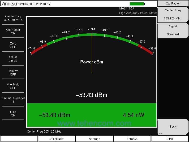Using an external sensor and option 0019 for Anritsu S331E, S332E, S361E, S362E analyzers, you can accurately measure the average, peak (absorbed and transmitted) microwave power. This screenshot of the device shows the result of a power measurement using the MA24106A sensor (indicated in the upper right corner of the screen).