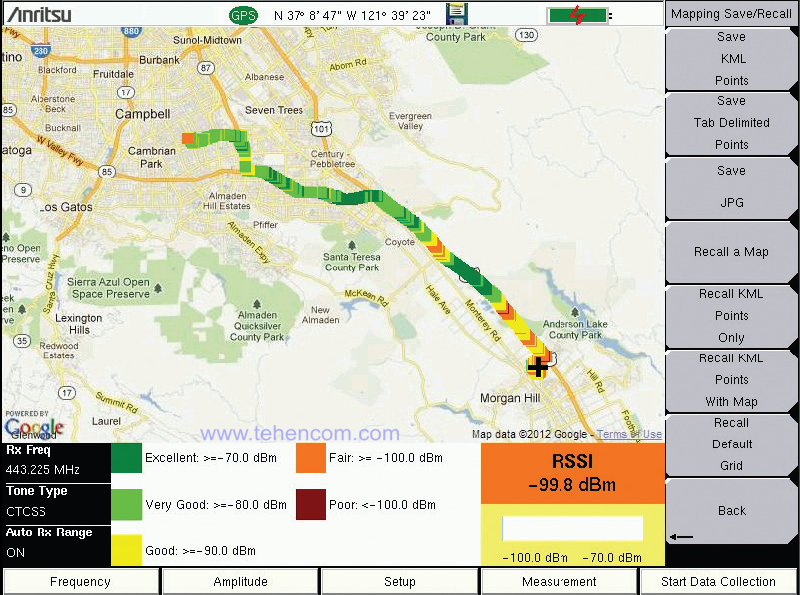 Екран Anritsu S412E у режимі нанесення на карту кольорових маркерів рівня сигналу RSSI