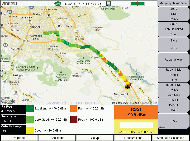 Anritsu S412E screen in RSSI signal strength color marker mapping mode