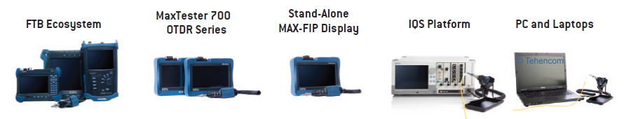 Три модели серии, оснащённые интерфейсом USB (FIP-410B, FIP-420B и FIP-430B), можно подключать к персональному компьютеру, к измерительным платформам FTB-1, FTB-2 и FTB-4, к рефлектометрам серии MaxTester, к специальному устройству обработки и индикации EXFO MAX-FIP или к лабораторной модульной платформе EXFO IQS. Устройства индикации для микроскопов с USB интерфейсом (FIP-410B, FIP-420B и FIP-430B)