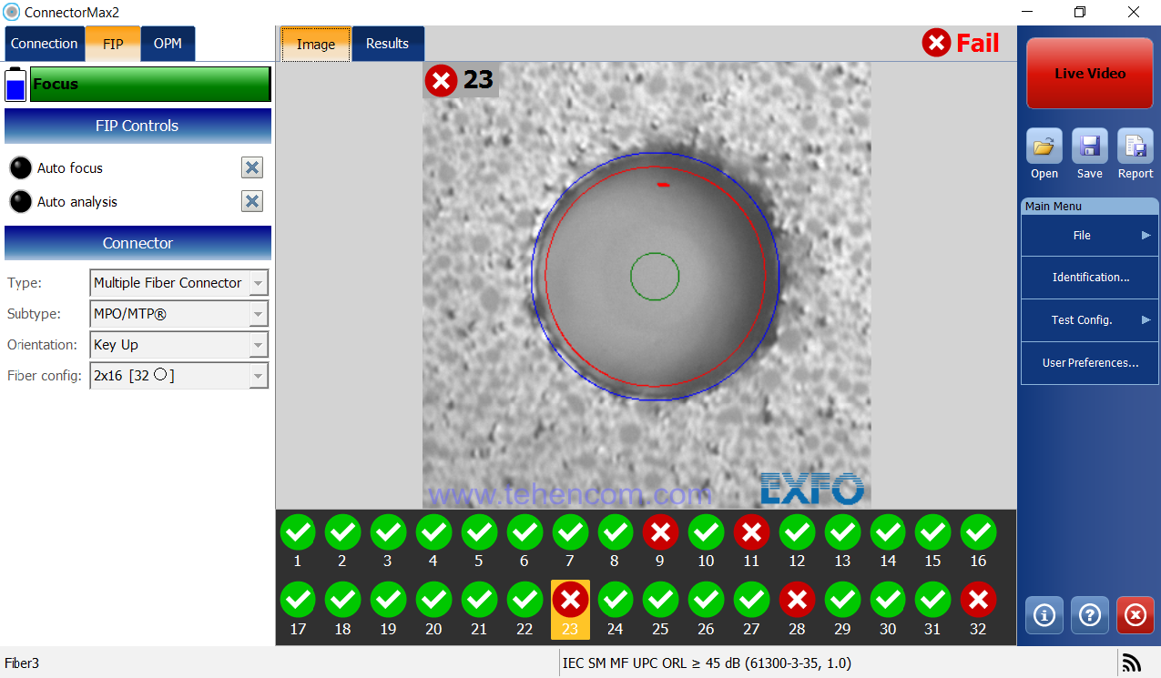 Inspection of an MPO connector containing 32 fibers using an EXFO FIP-400B series microscope