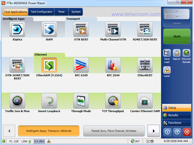 Screenshot of the main menu of the EXFO PowerBlazer module control program for the EXFO FTB-1v2 Pro, EXFO FTB-2 Pro and EXFO FTB-4 Pro modular measurement platforms