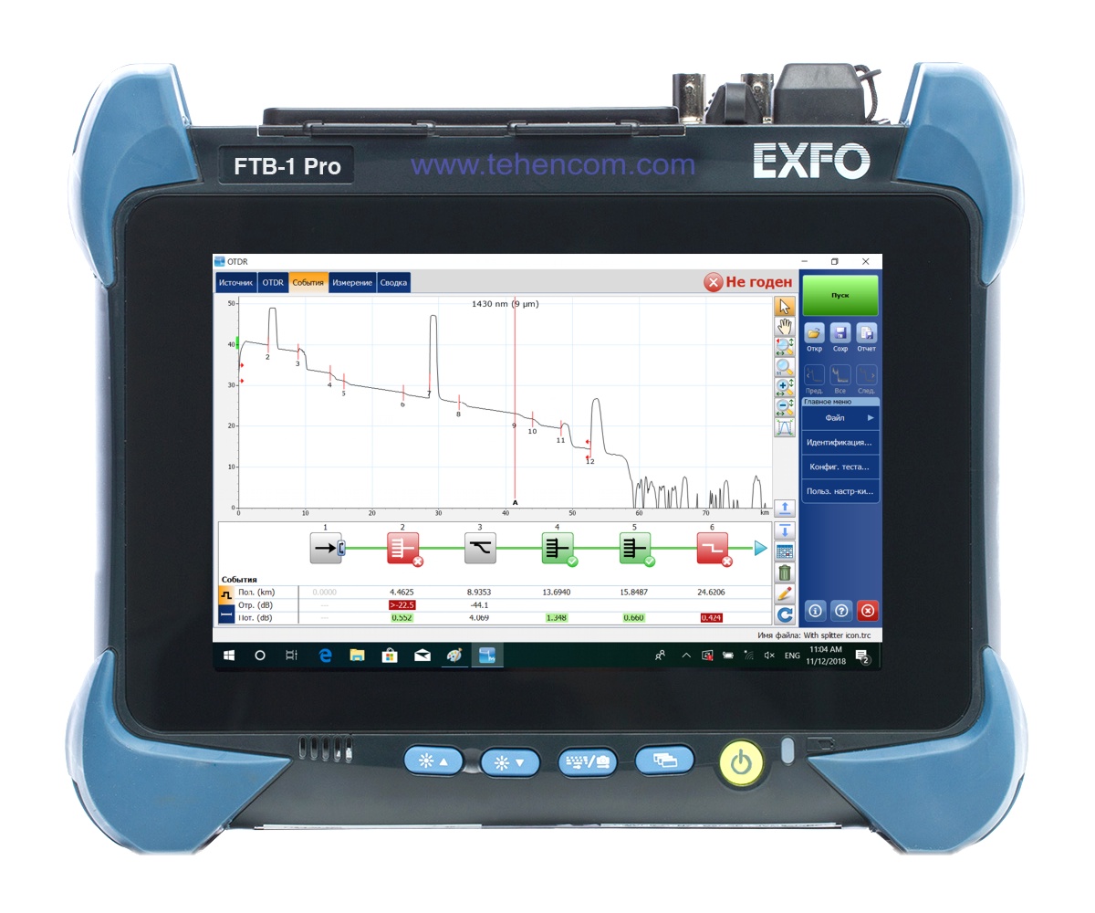 Compact modular measurement platform EXFO FTB-1v2 Pro for measuring fiber parameters (reflectometry, loss, ORL, etc.) and analyzing data transfer protocols up to 111.81 Gbps (Ethernet, OTN, SDH, CPRI, etc.)