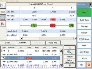 Screenshot of the optical reflectometer module for PON FTTx / MDU FTB-7300E