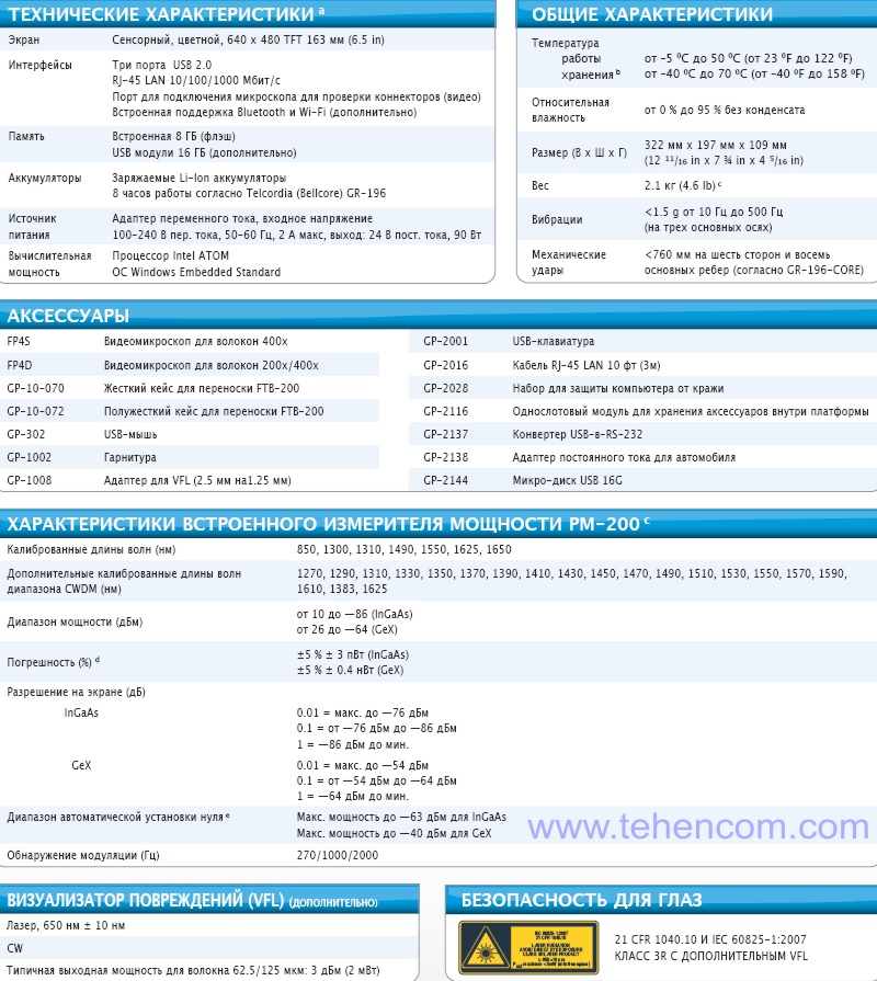 Specifications of EXFO FTB-200 v2 Compact Modular Measurement Platform