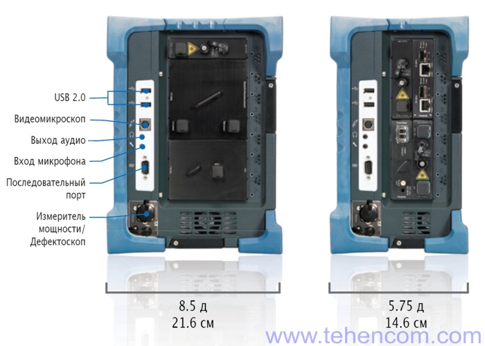 Two modifications of the EXFO FTB-500 measuring platform: for 4 and 8 expansion slots (side view)