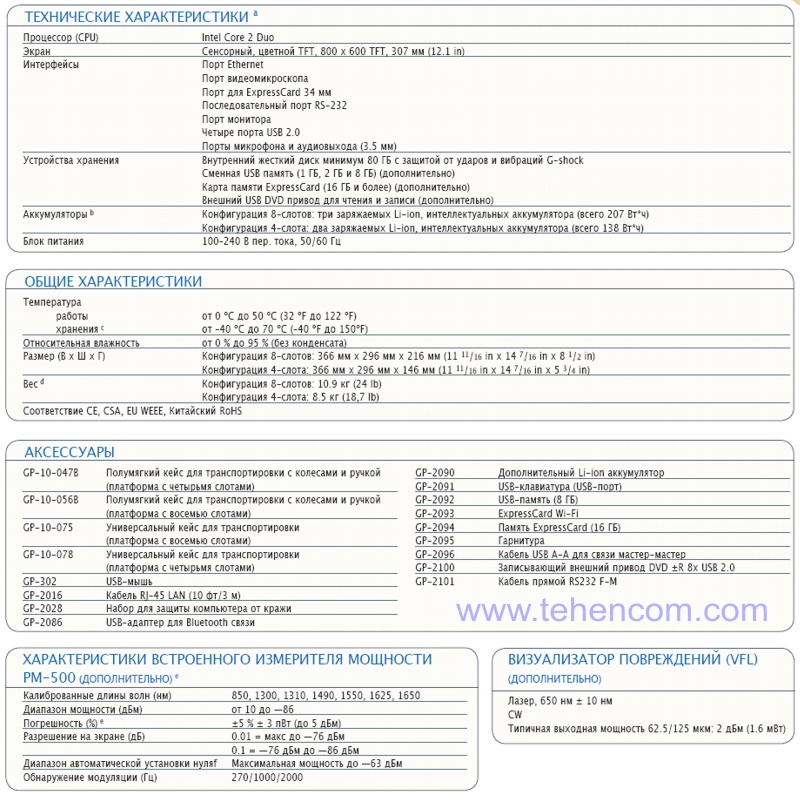 Technical characteristics of the universal modular measuring platform EXFO FTB-500