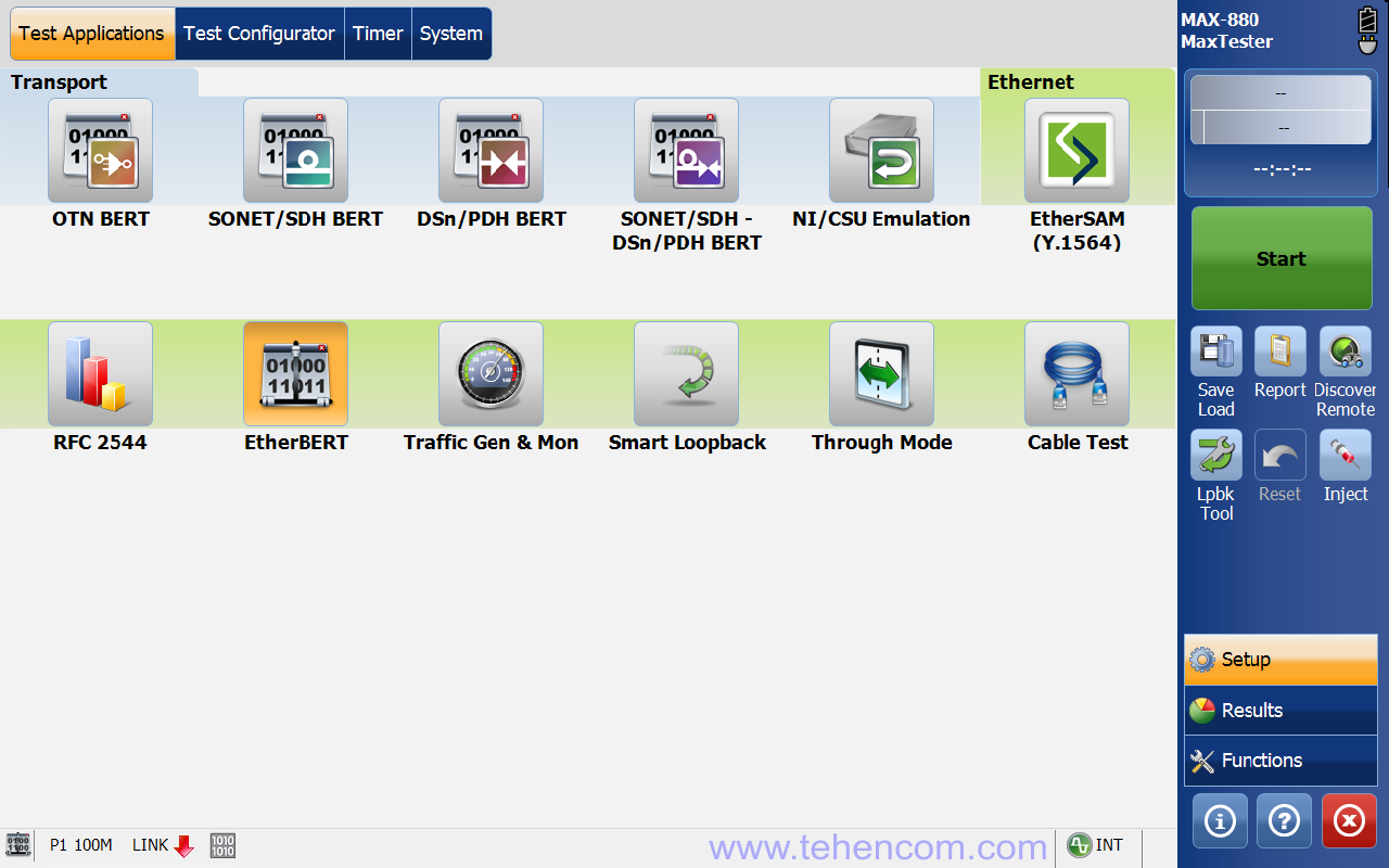 Screenshot of the main menu of the EXFO MAX-880 analyzer. All tests are conveniently collected on one screen.