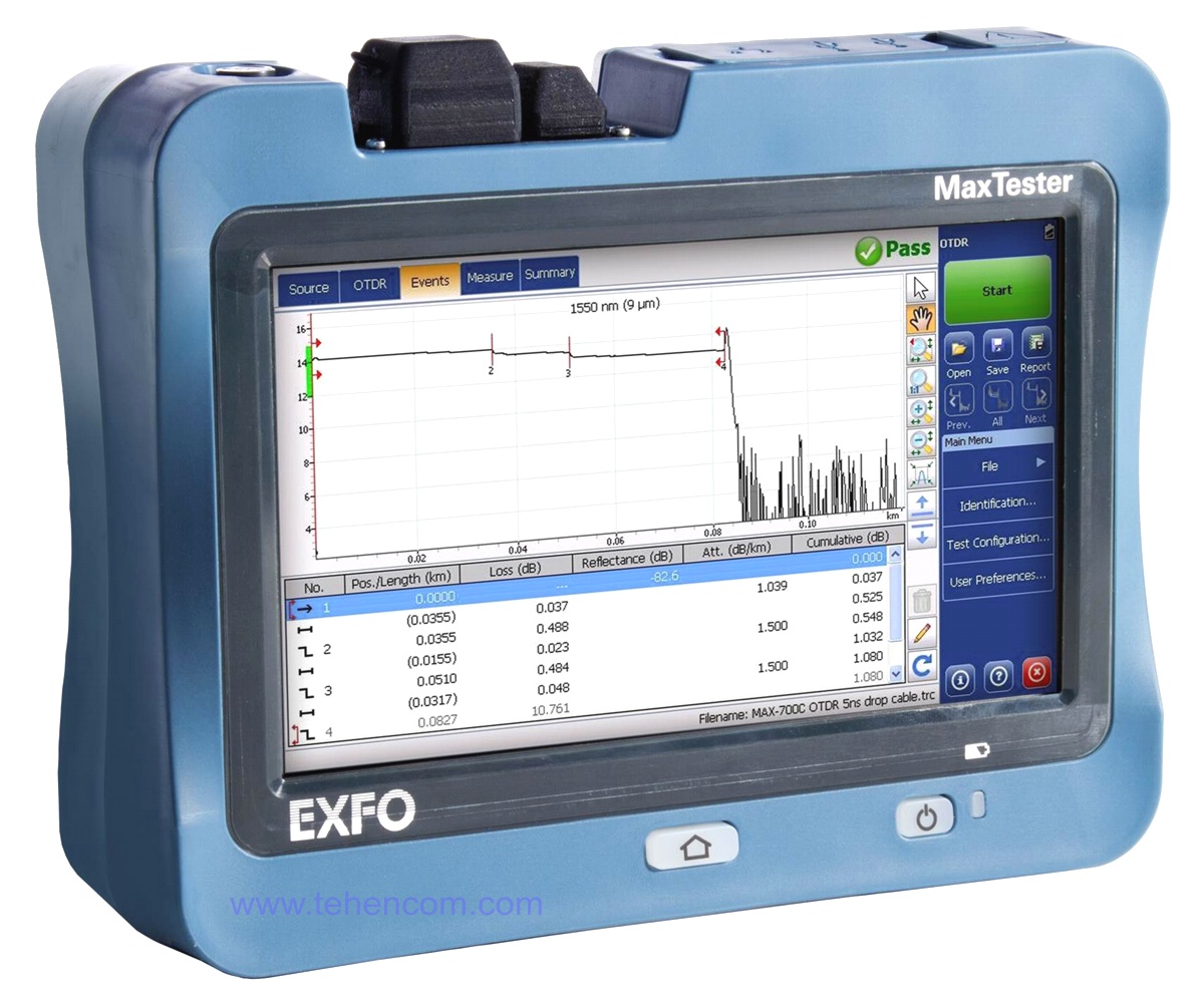 Professional optical reflectometers of the EXFO MaxTester 720C and 730C series. Ten models at 26 dB, 36 dB and 39 dB in 850, 1300, 1310, 1550, 1625 and 1650 nm wavelengths