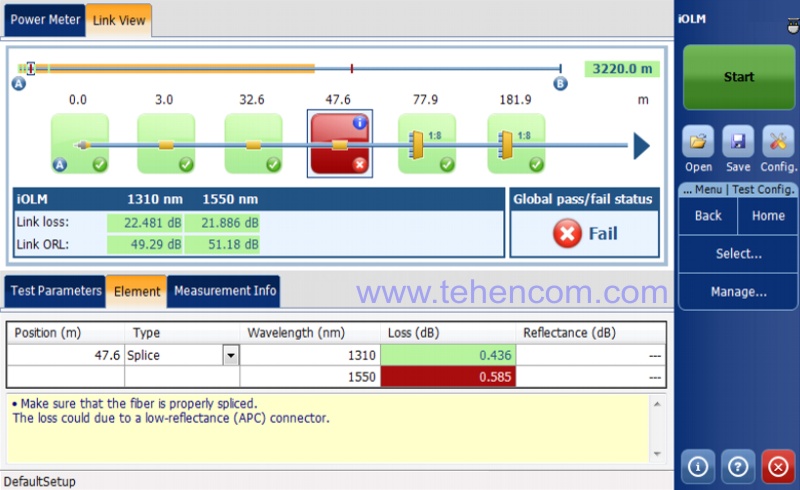 EXFO MaxTester 730B reflectometer screen example in iOLM mode