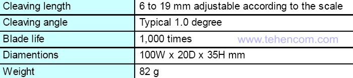Specifications of Fujikura CT-02 Handheld Optical Fiber Cleaver