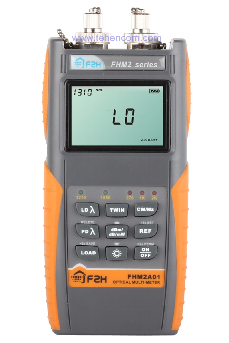 Optical testers (insertion loss meters) Grandway FHM2 series: model FHM2A01 (1310 nm and 1550 nm; -70 to +10 dBm), model FHM2B01 (1310 nm and 1550 nm; -50 to +26 dBm), model FHM2A02 (1310 nm, 1490 nm and 1550 nm; -70 to +10 dBm) and model FHM2B02 (1310 nm, 1490 nm and 1550 nm; -50 to +26 dBm). Grandway FHM2 - Optical testers (optical multimeters) (Grandway models: FHM2A01, FHM2A02, FHM2B01 and FHM2B02)
