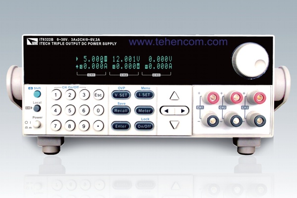 Трёхканальные источники питания постоянного тока ITECH серии IT6300B. Модели: IT6322B (30 В, 3 А + 5 В, 3 А), IT6332B (30 В, 6 А + 5 В, 3 А), IT6333B (60 В, 3 А + 5 В, 3 А)