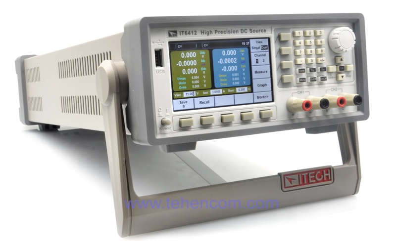 ITECH IT6412 - side view. On the display of the device you can see how the interface for controlling the dual-channel power supply mode looks like.